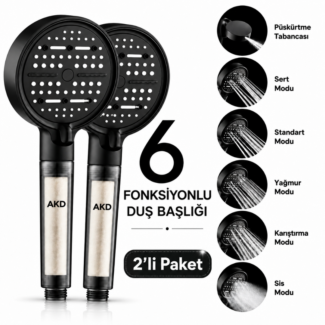 AKD 6 Fonksiyonlu Filtreli Duş Başlığı 2’li Paket – Siyah
