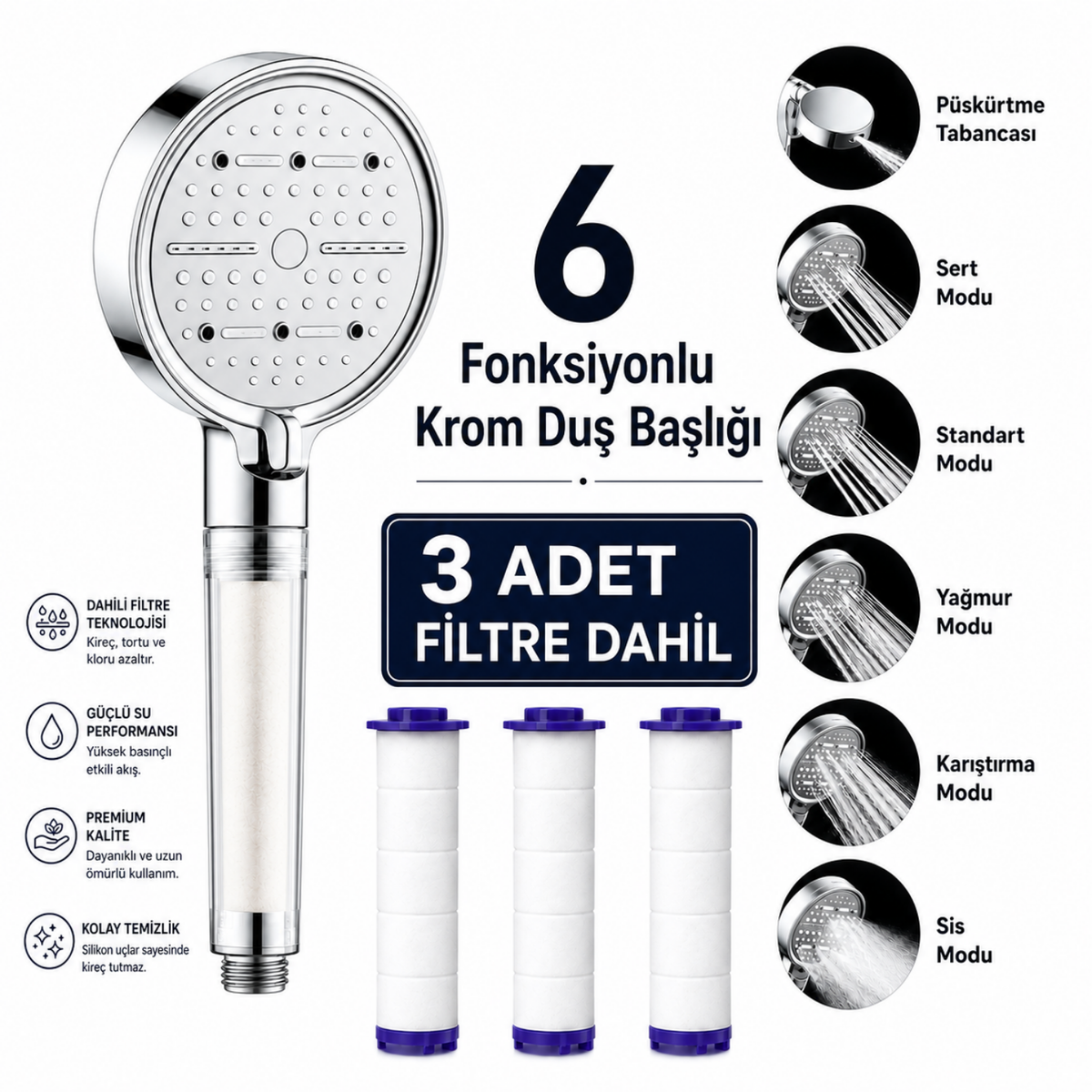 6 Fonksiyonlu Filtreli Krom Duş Başlığı + 3 Adet Filtre